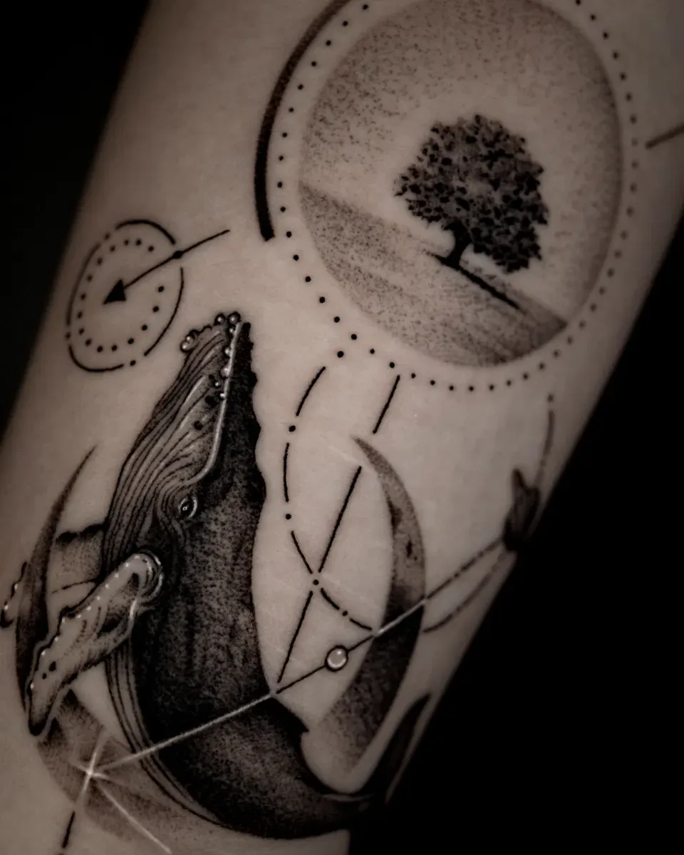 고래 기하학 풍경 블랙워크 라인타투 - 1