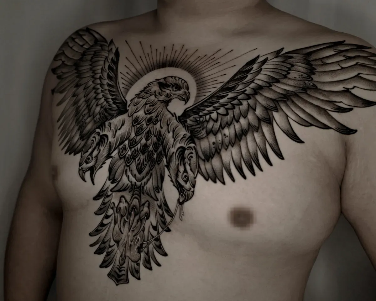 가슴앞판 매 삼두일족오 블랙워크 타투 - 1