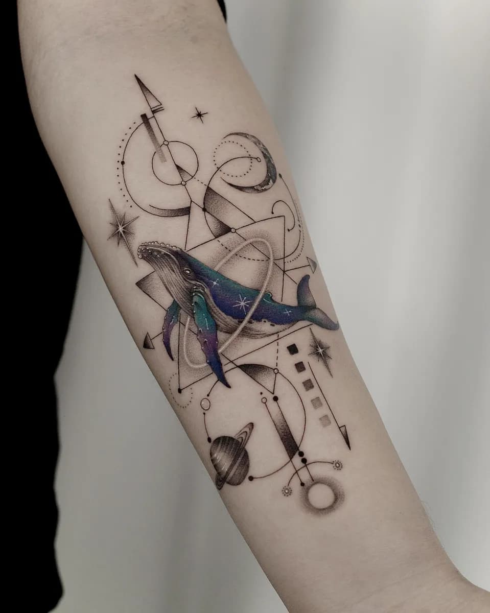 고래 우주 기하학 라인타투 블랙워크 - 1