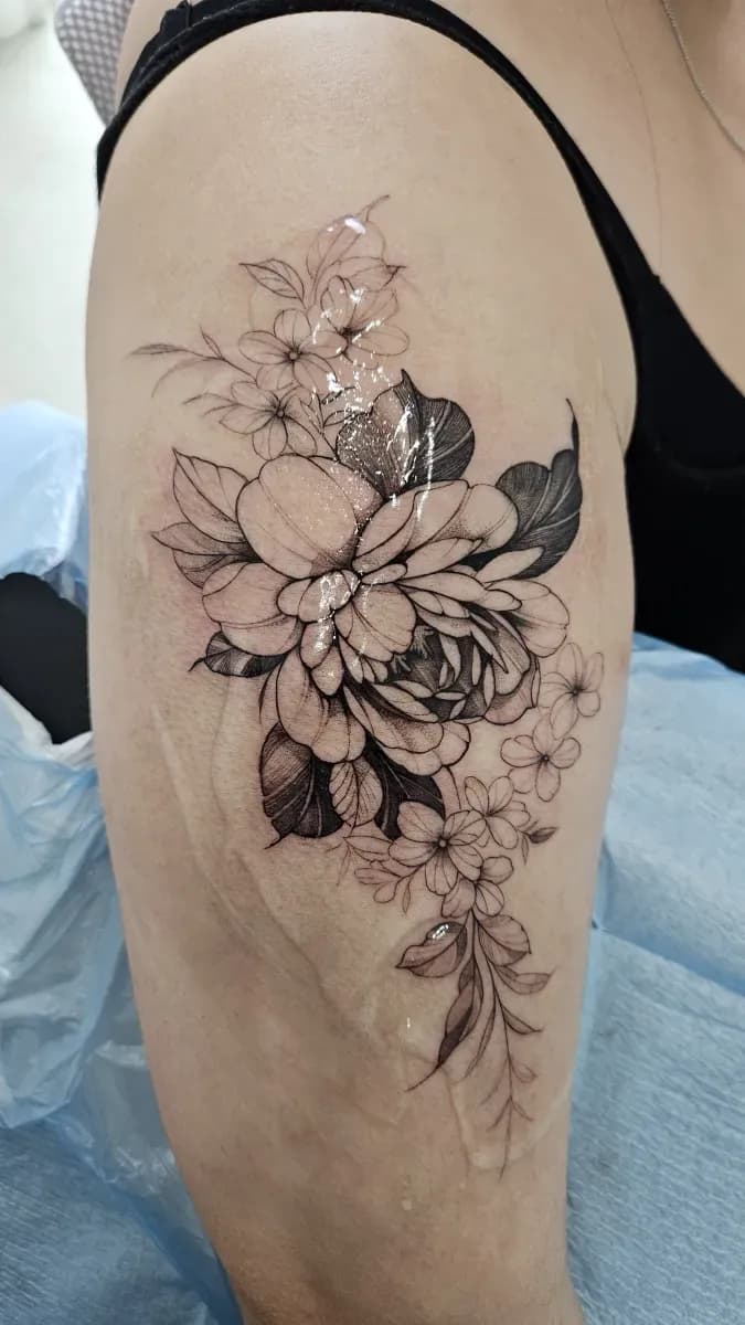 플라워 블랙앤그레이 타투 - 1