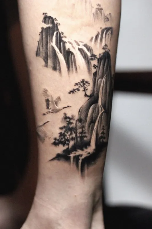 수묵화타투, 산수화타투, 풍경타투, 오리엔탈타투, 동양화타투, 풍경화타투